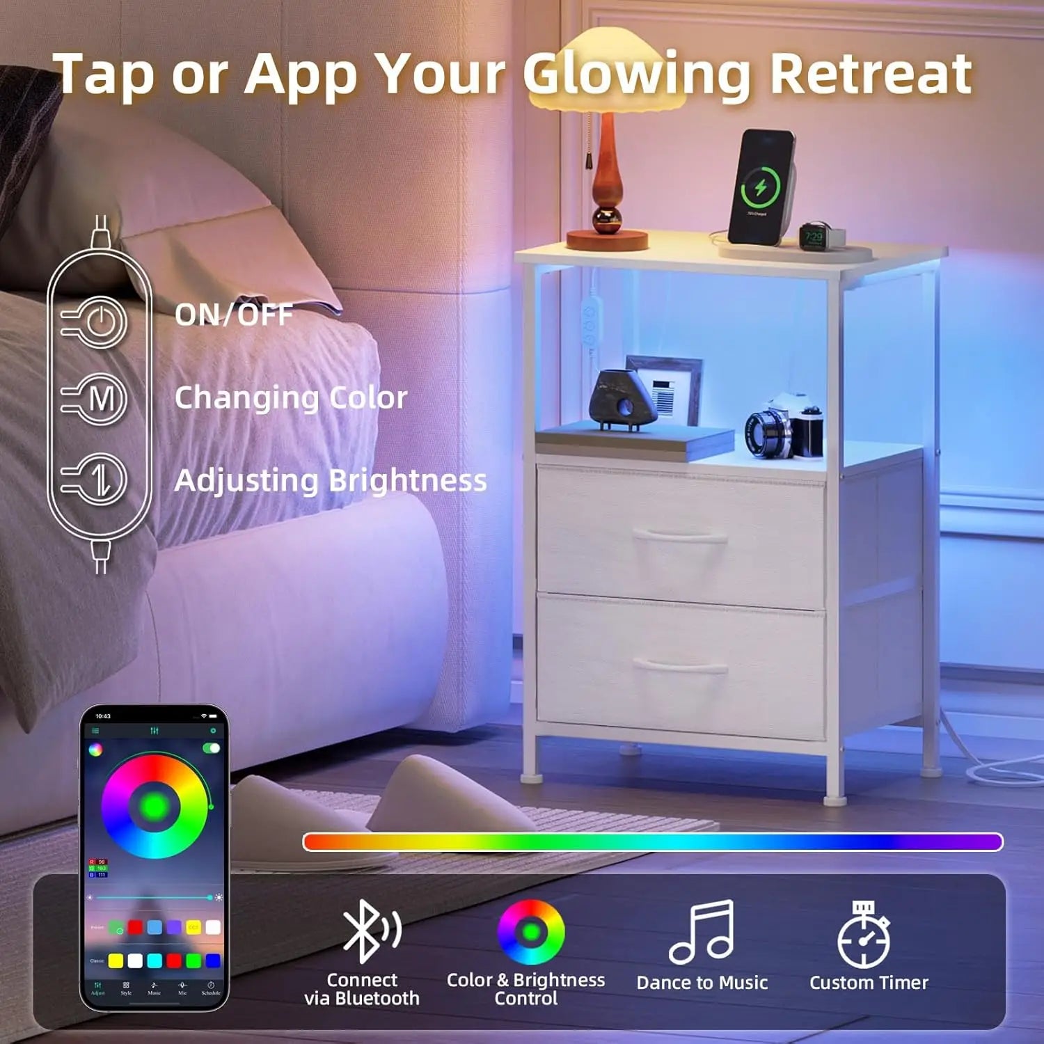2 Nightstands with Charging Station, LED Lights