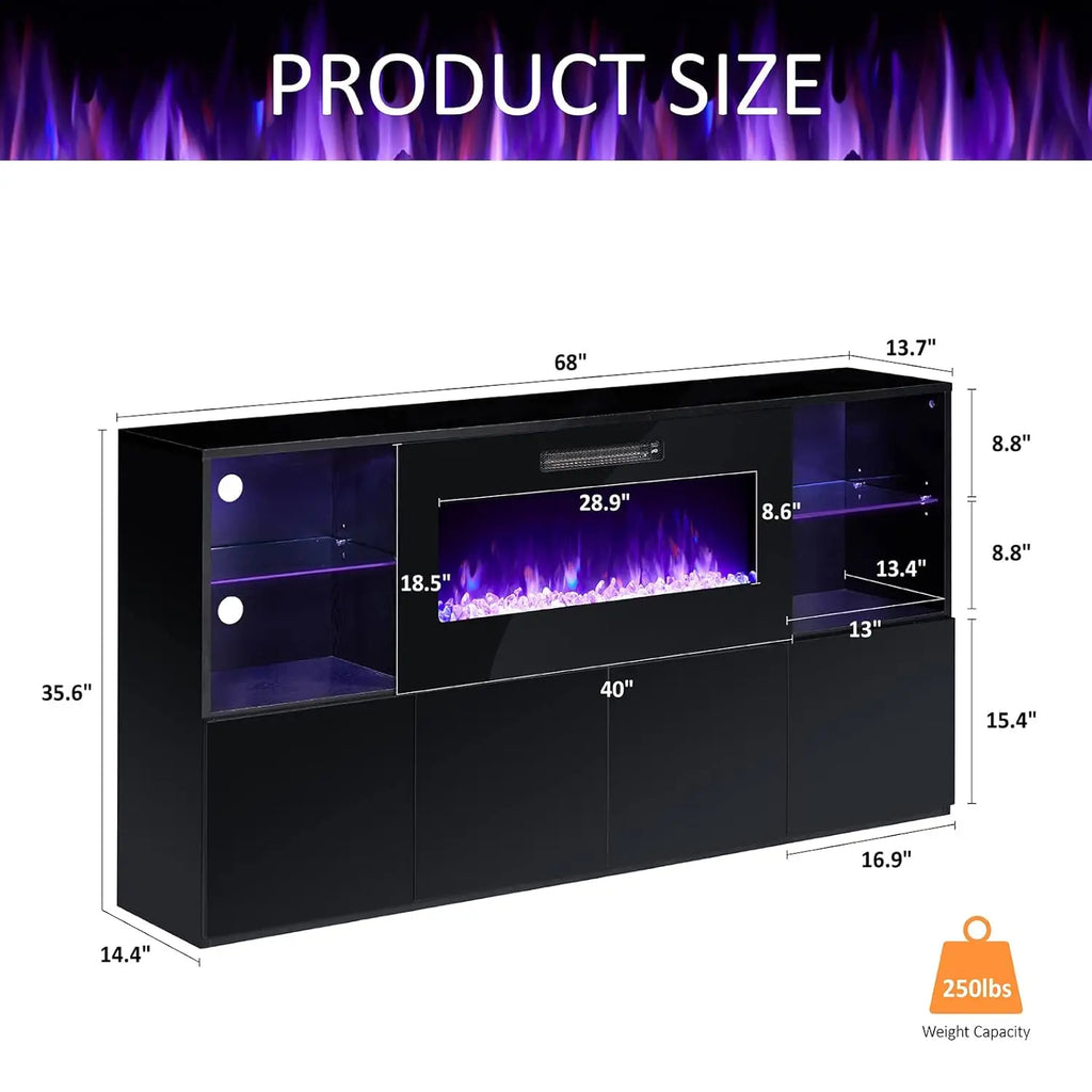 68" Fireplace TV Stand with 40" LED Insert, Glass Shelves