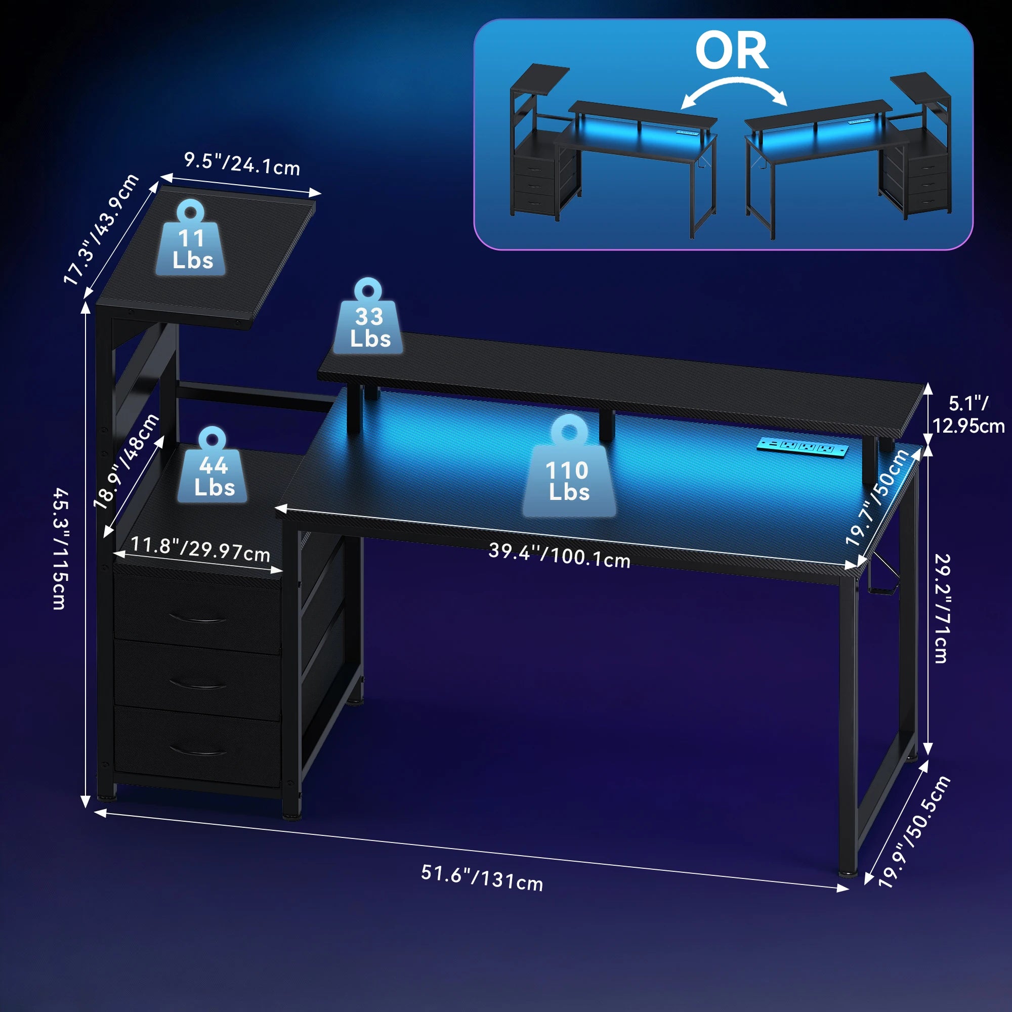 3-Drawer Gaming, Computer Desk LED Lights, Power Outlets