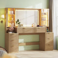 Large Fluted Wood Vanity Desk with Mirror LED Lights 8 Drawers Charging Station Bedroom 59.1in Oak Customized