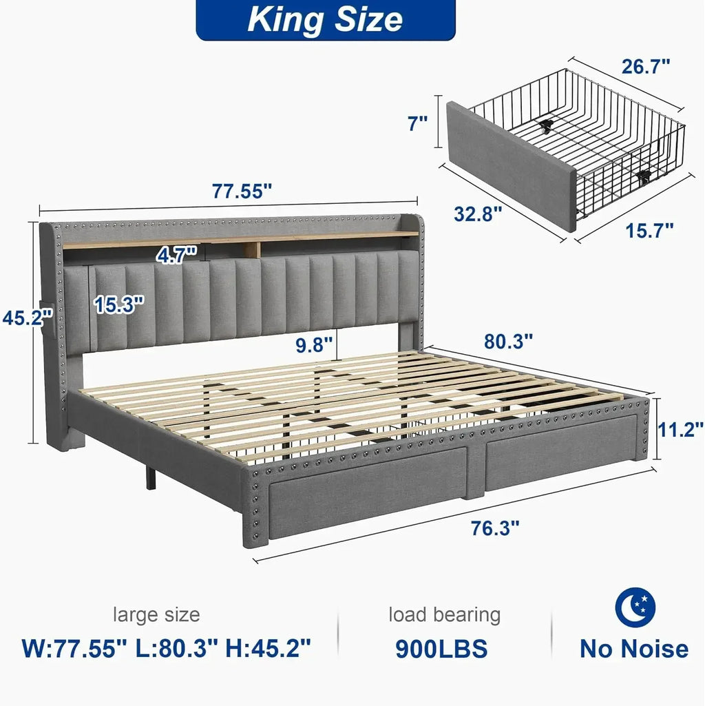 Upholstered King Bed Frame, 2 Storage Drawers and 2-Tier Headboard