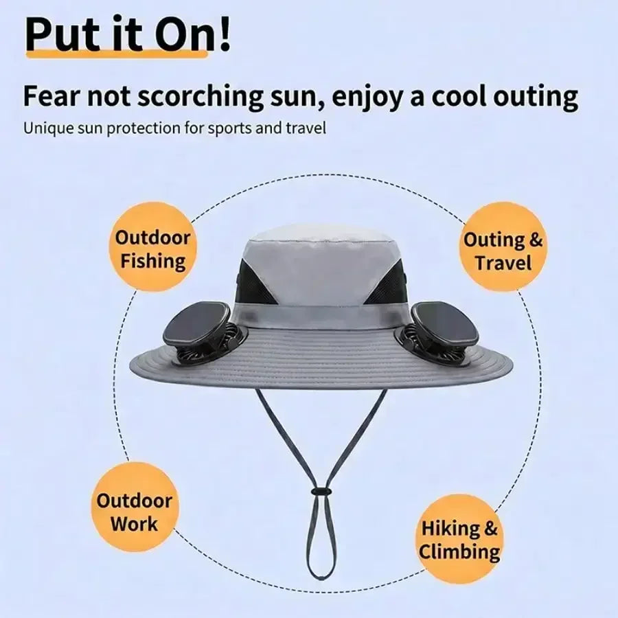 Solar Fan Cap, 180 ° Adjustable Fan, UPF50, USB, Solar Powered