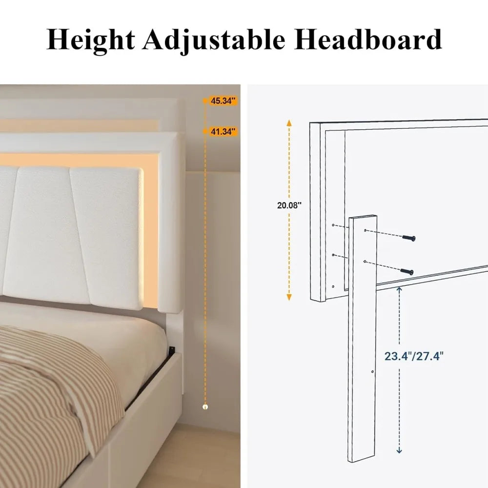 Bed Frame with 4 Drawers, Adjustable Headboard, LED, USB,