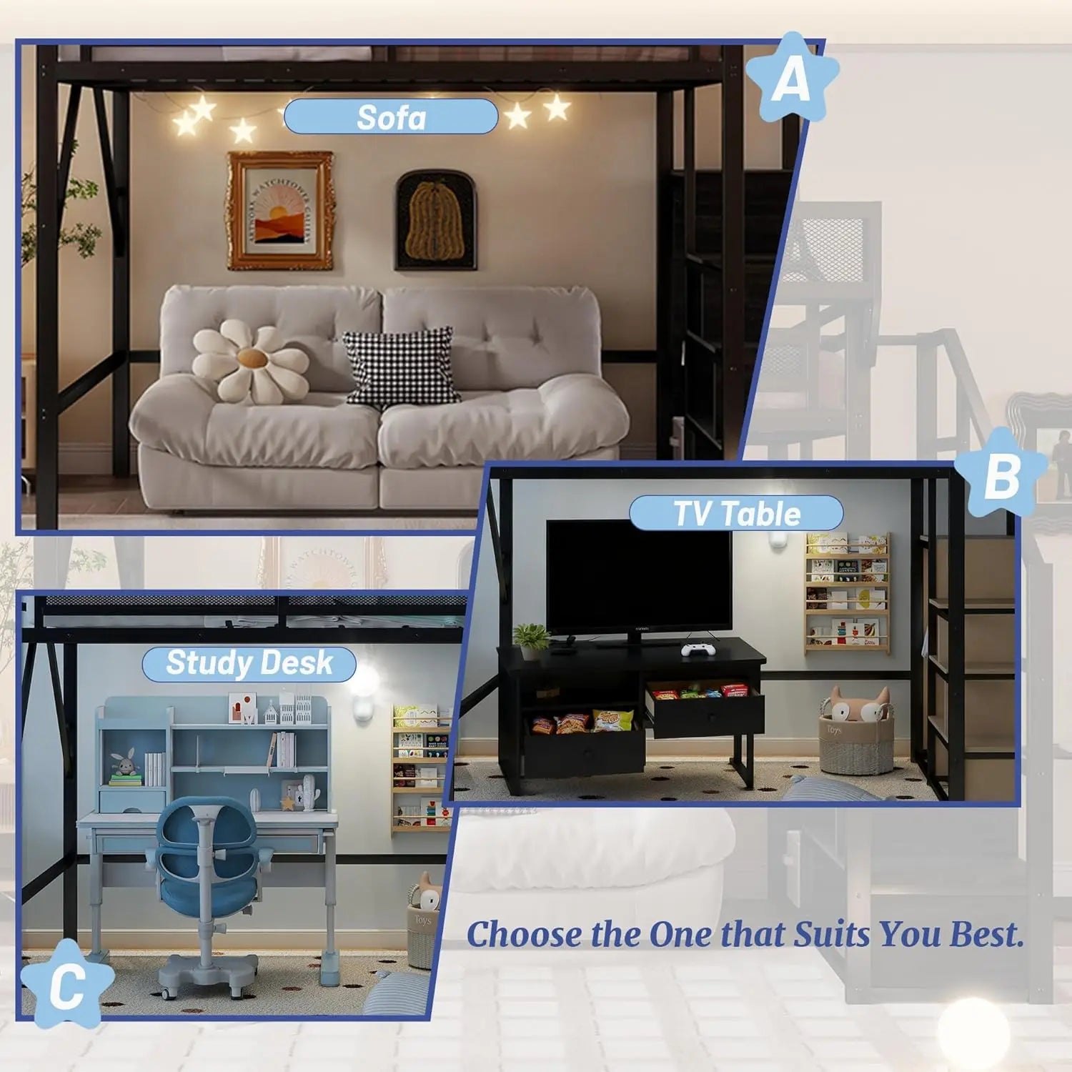 Queen Size Loft Bed Frame with Stairs, Storage, Wardrobe, Bedside Shelf
