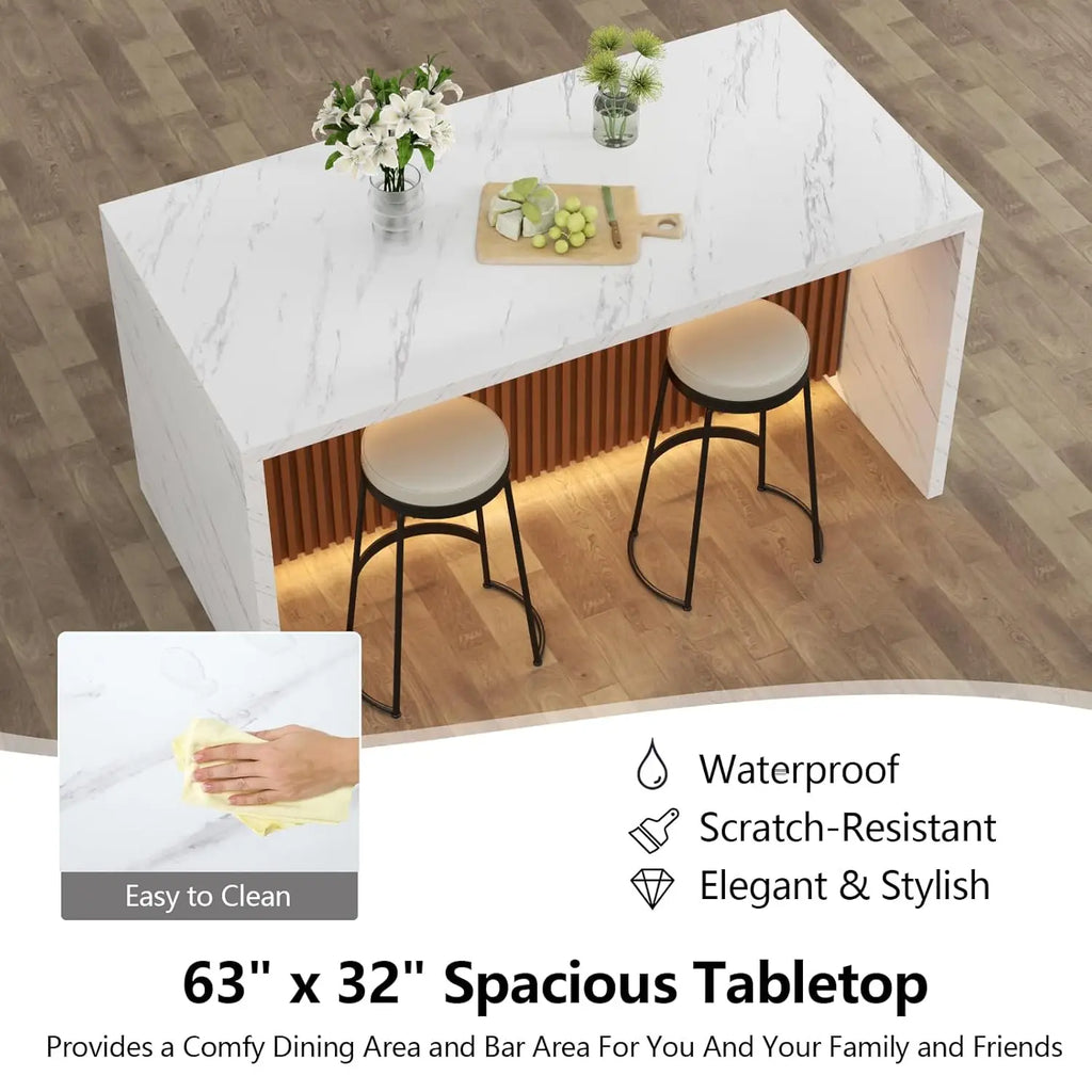 63" Large Imitation Marble Dining Table With LED Lights