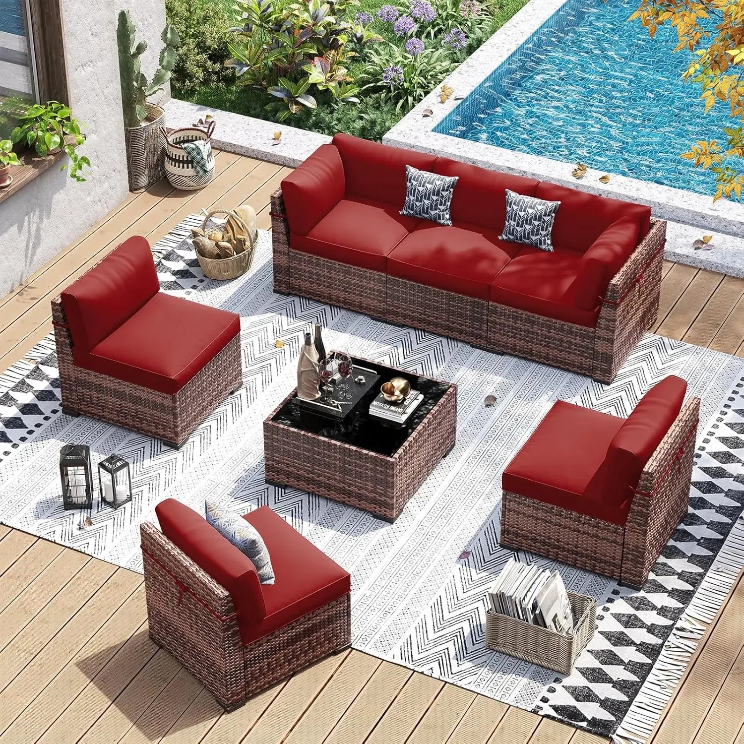 7 Pcs Wicker Sectional Sofa with Tea Table