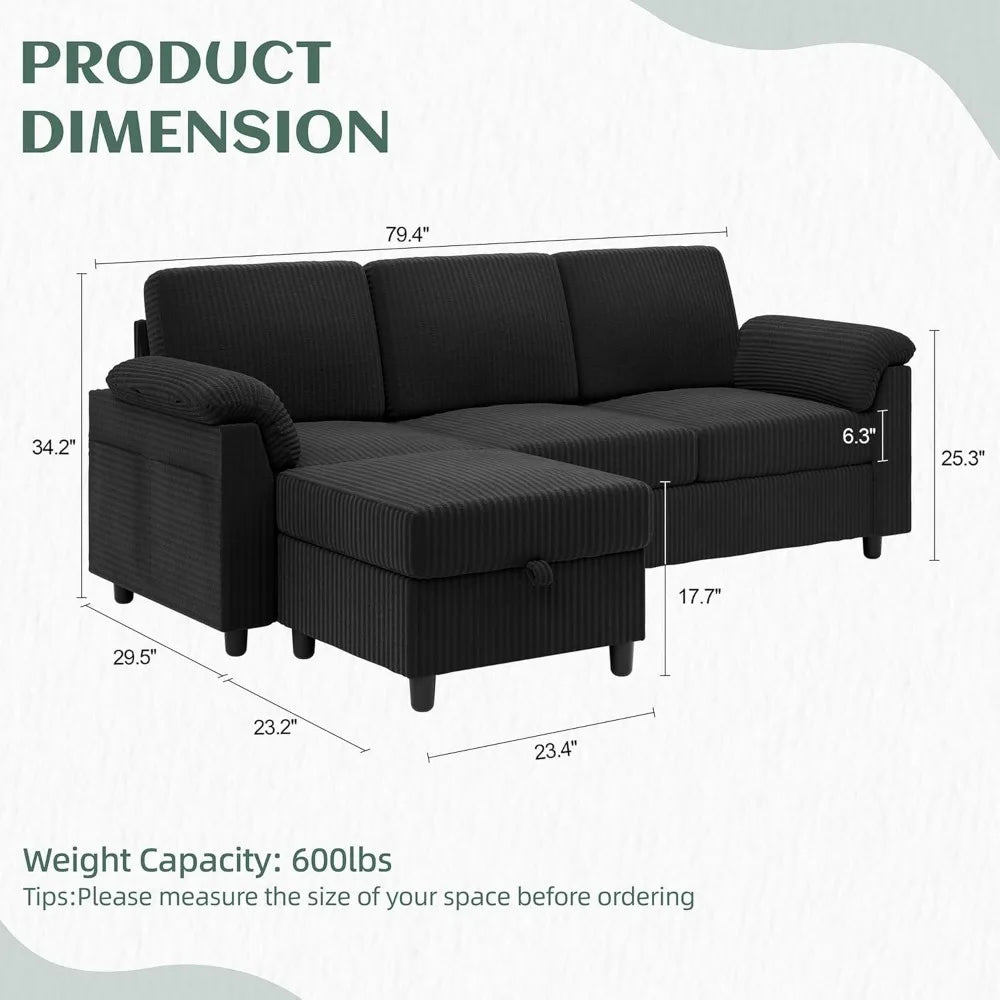 79" L Shaped 3 Seat Convertible Sofa