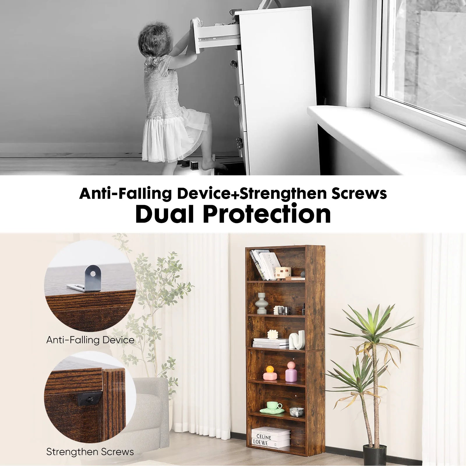 6 Tier Wooden Shelf Bookcase 63"