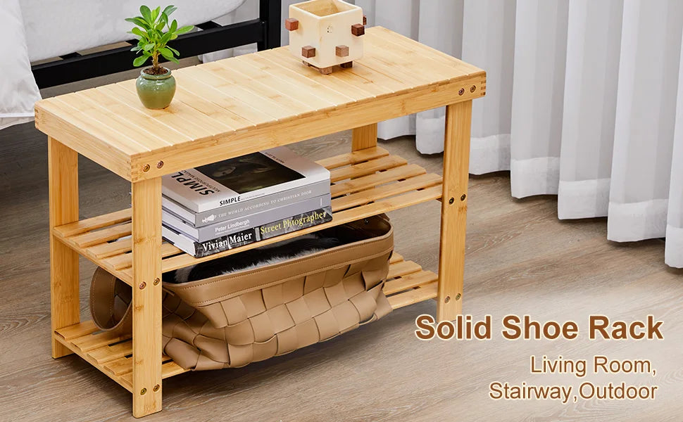 3-Tier Bamboo Entryway Shoe Rack, Living Room Bench