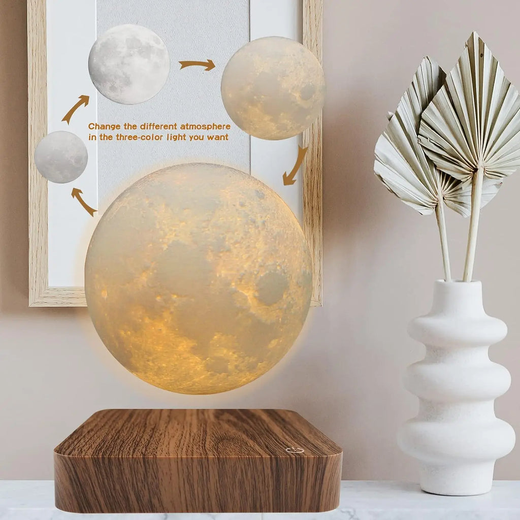 Floating Rotating LED Moon Lamp with Wooden Base,