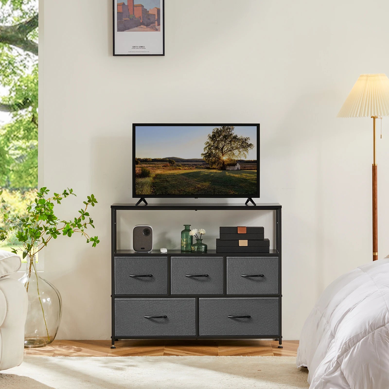 Fireplace TV Stand with 5 Fabric Drawers