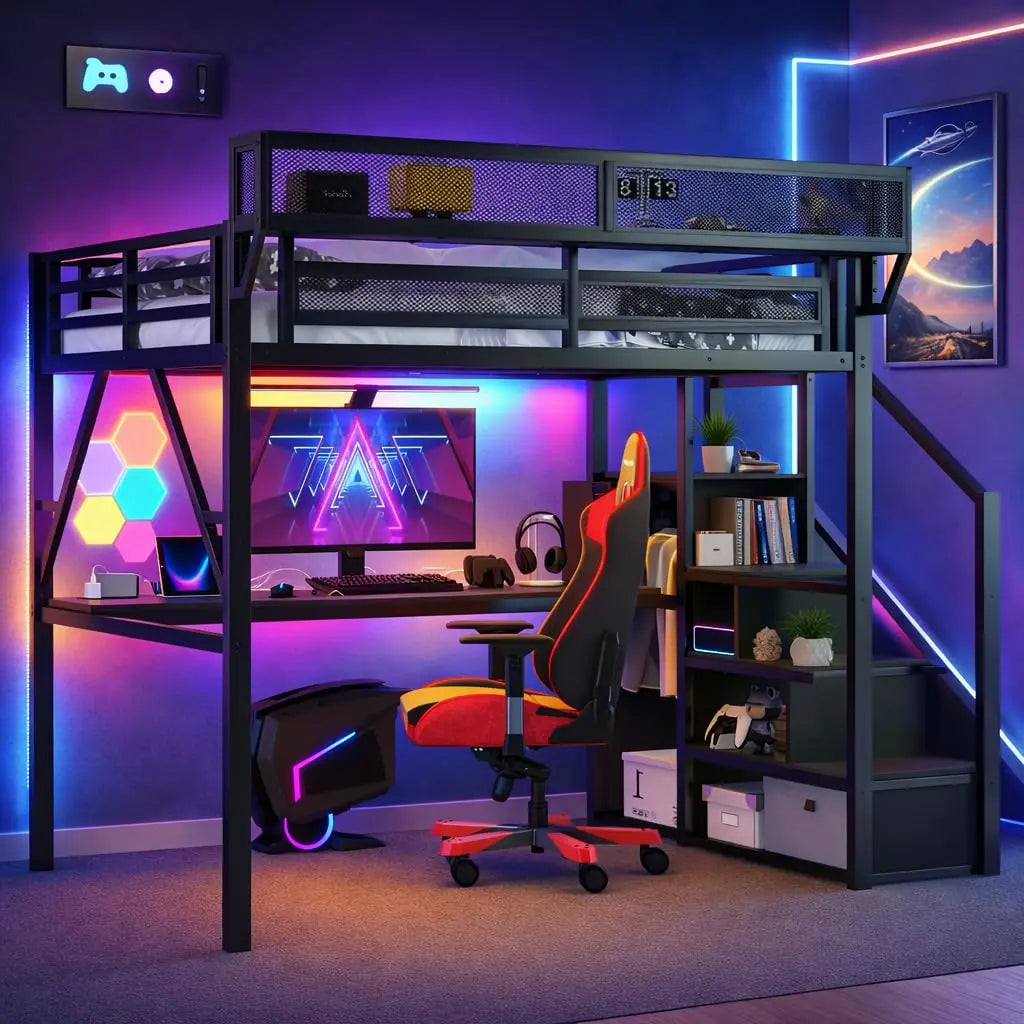 Queen Size Loft Bed Frame with Stairs