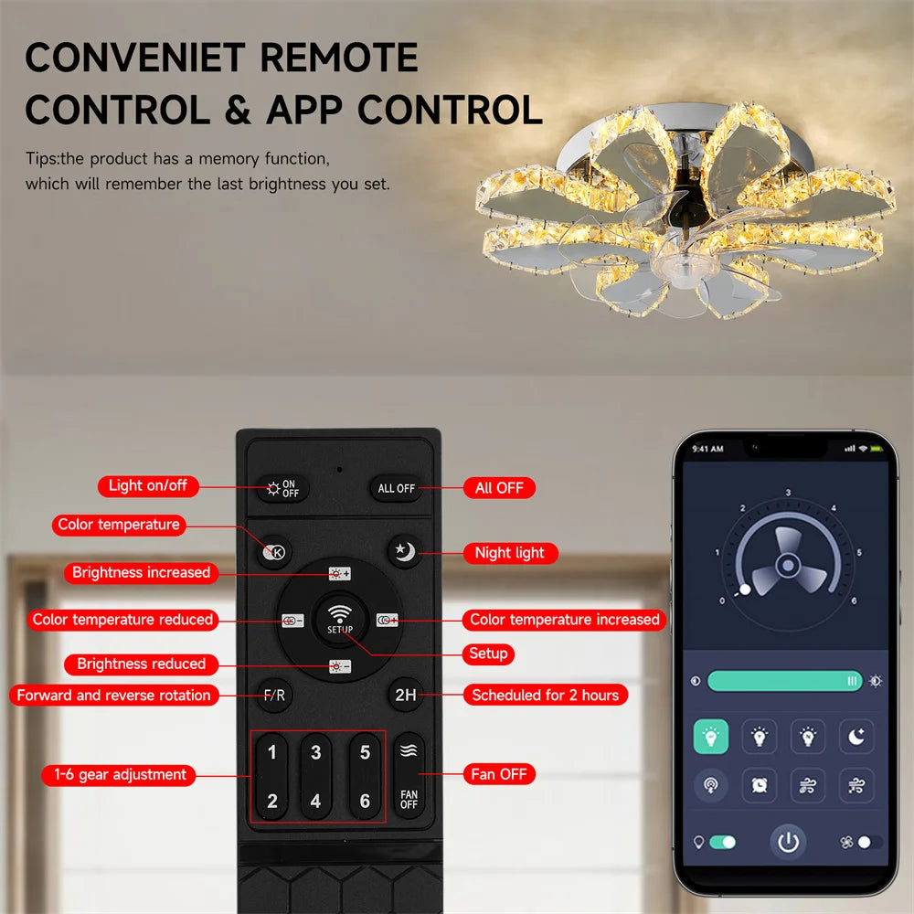 Crystal Ceiling Fan Led, App Controlled