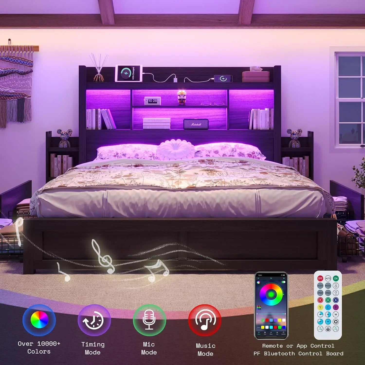 King Bed Frame, Bookcase, Headboard, 2 Bedside Storage Racks, Drawers