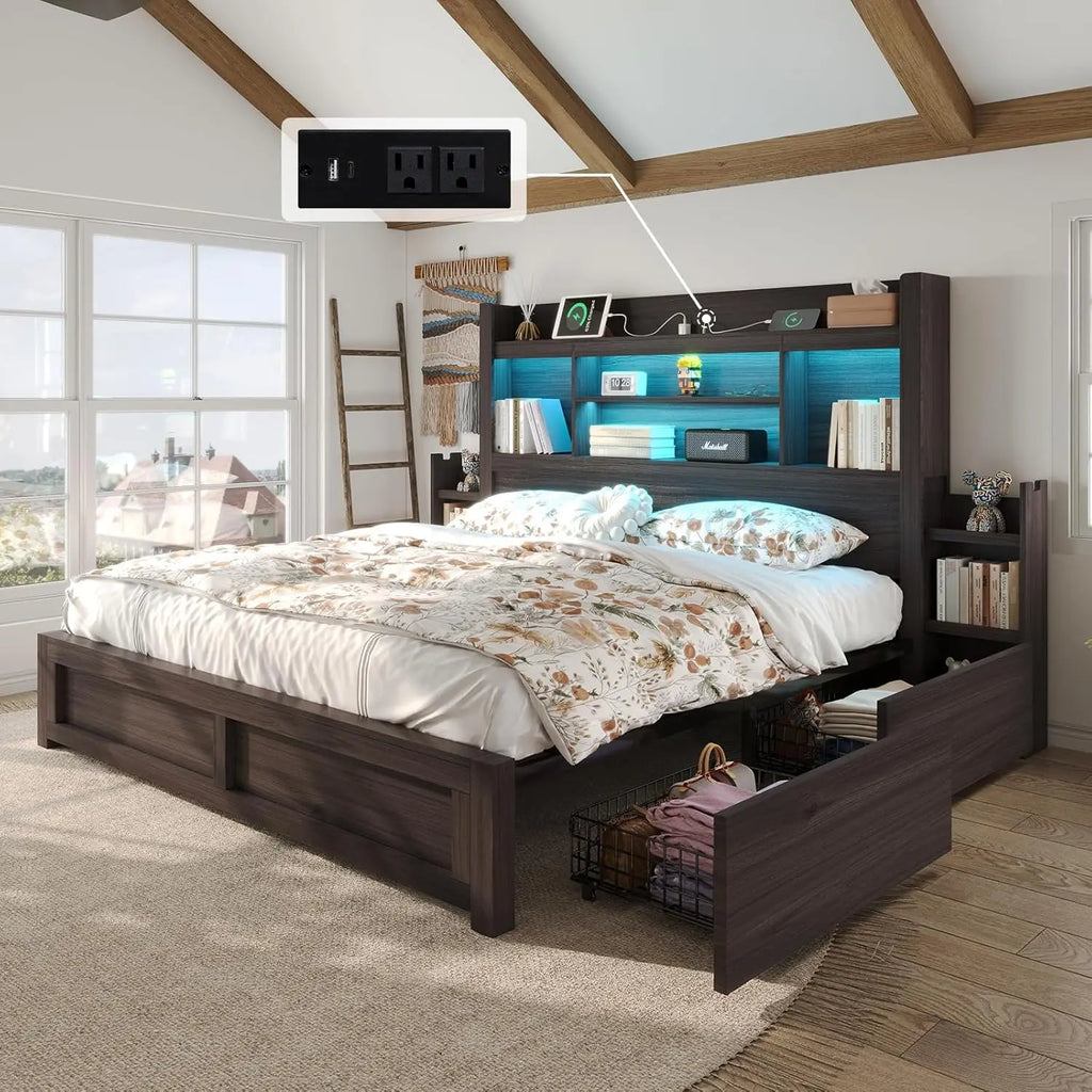 King Bed Frame, Bookcase, Headboard, 2 Bedside Storage Racks, Drawers