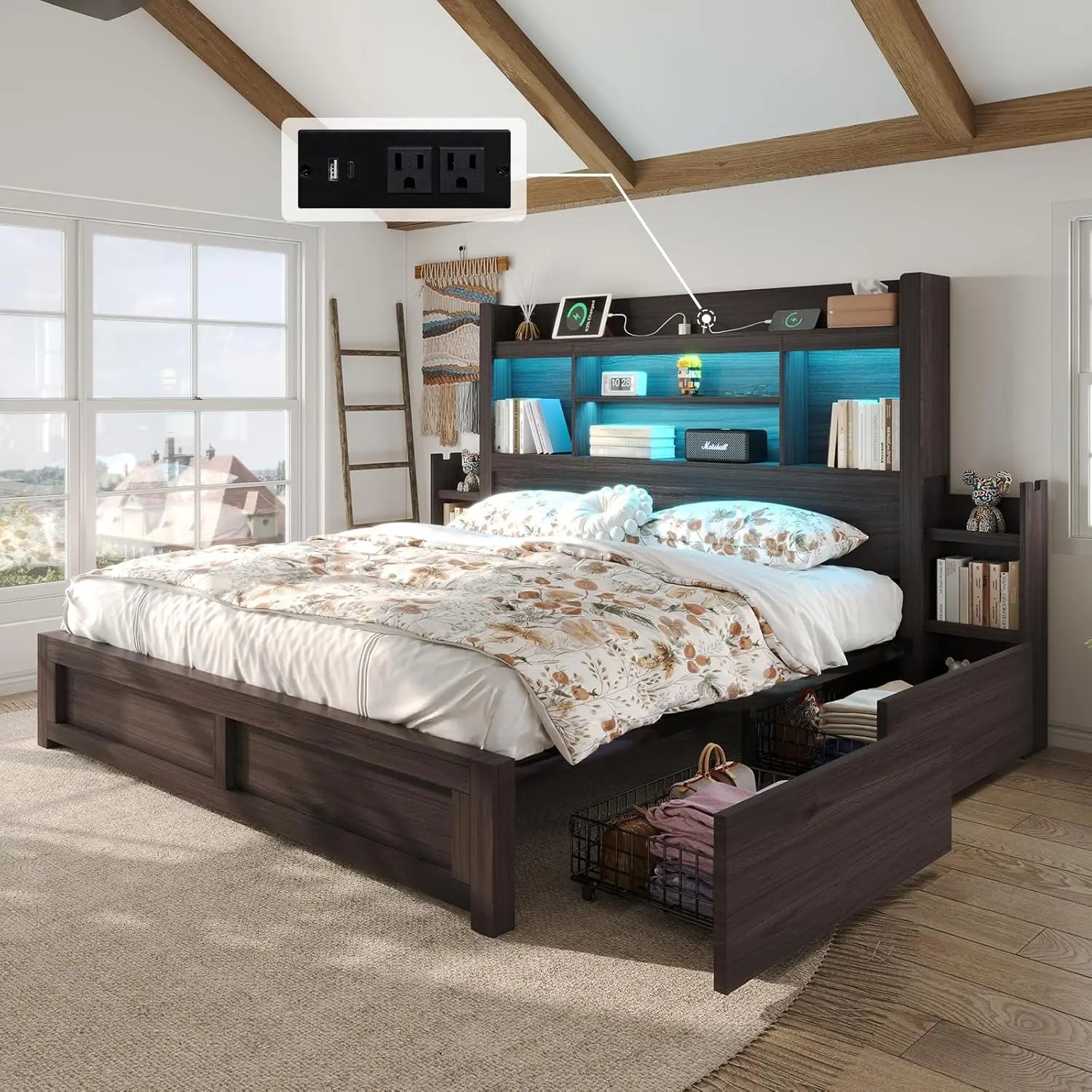 King Bed Frame, Bookcase, Headboard, 2 Bedside Storage Racks, Drawers