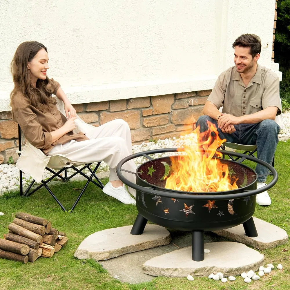 32" Round Wood Burning Fire Pit, Mesh Cover, Fire Poker