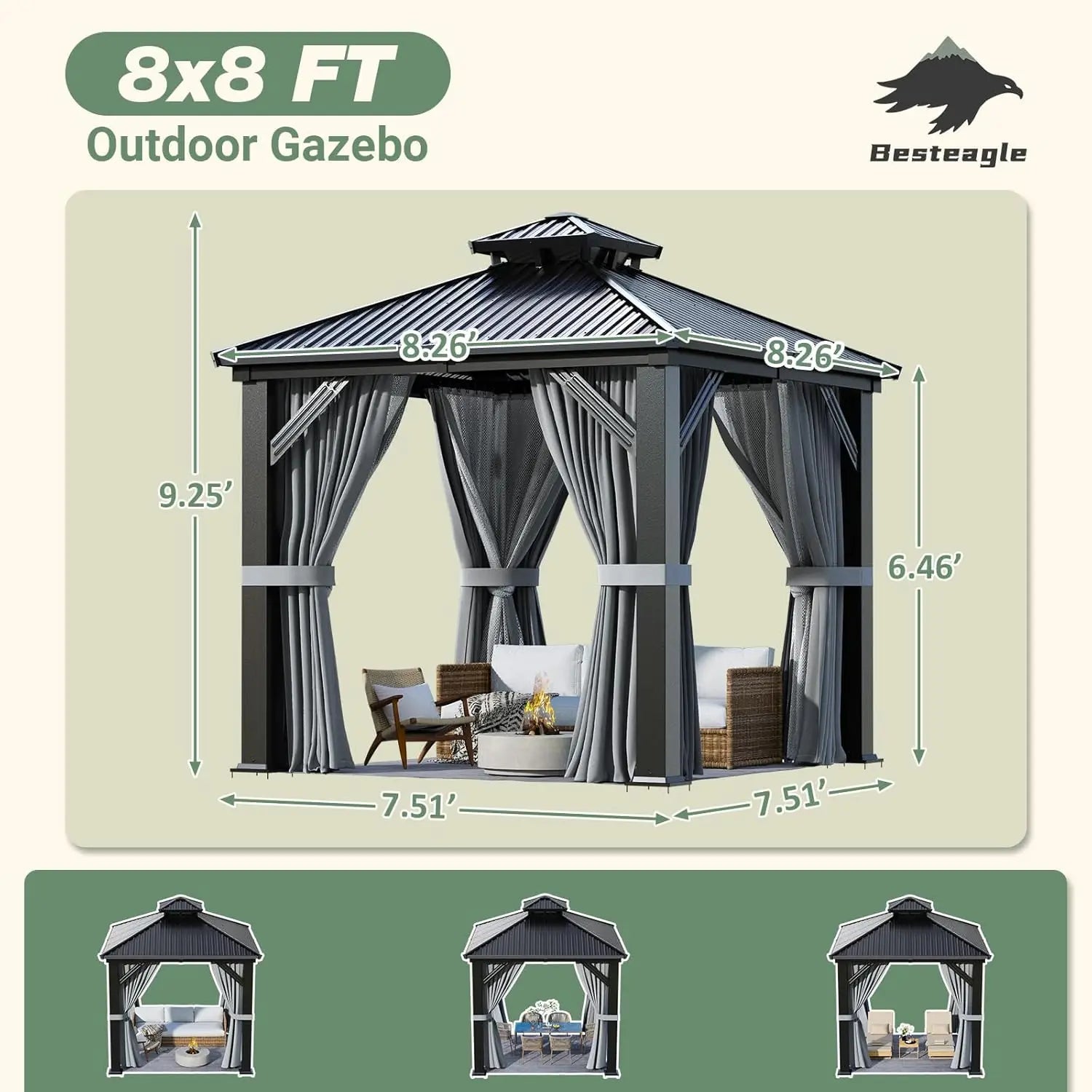 8x8FT Sturdy Hardtop Gazebo
