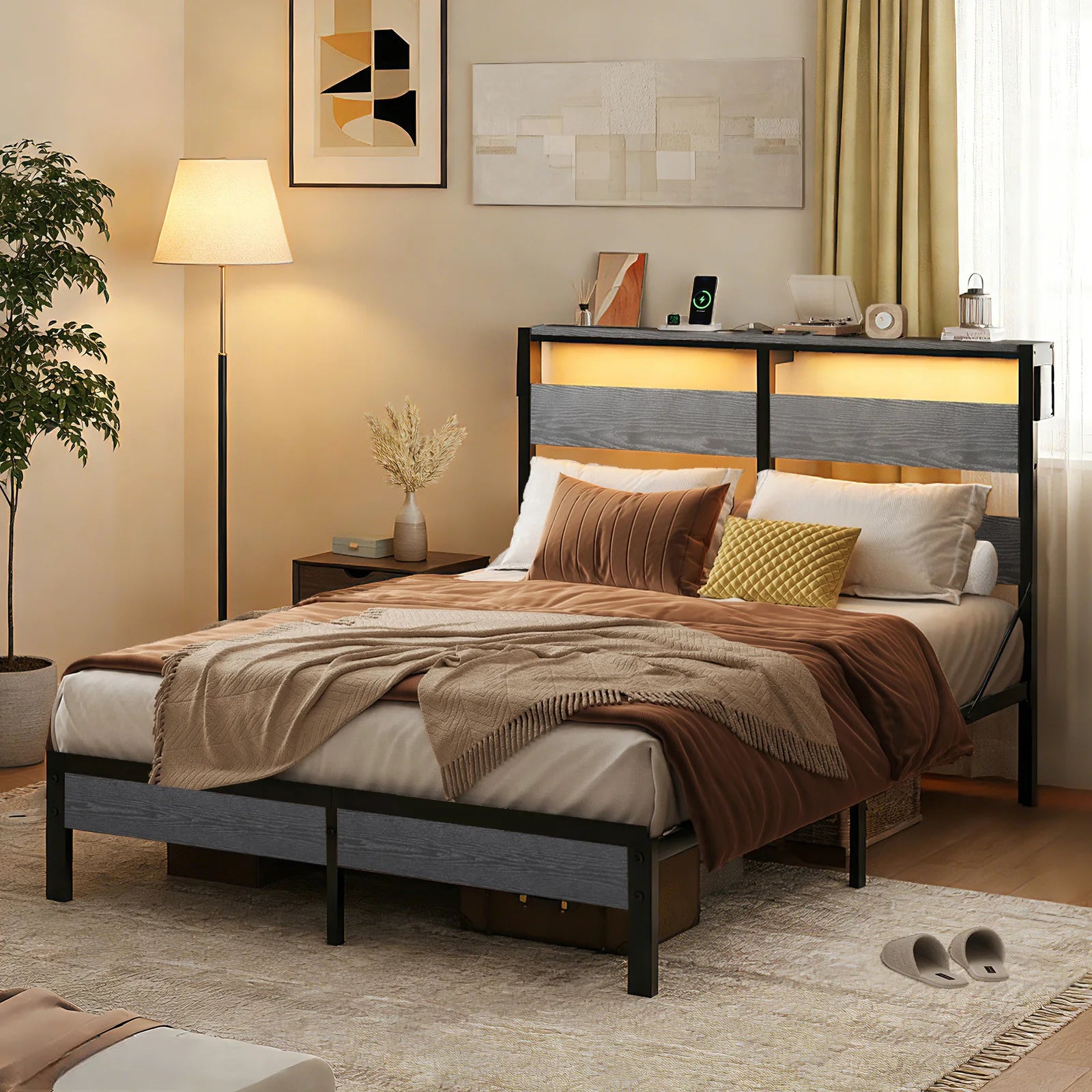 Queen Bed Frame with Headboard/Charging Station