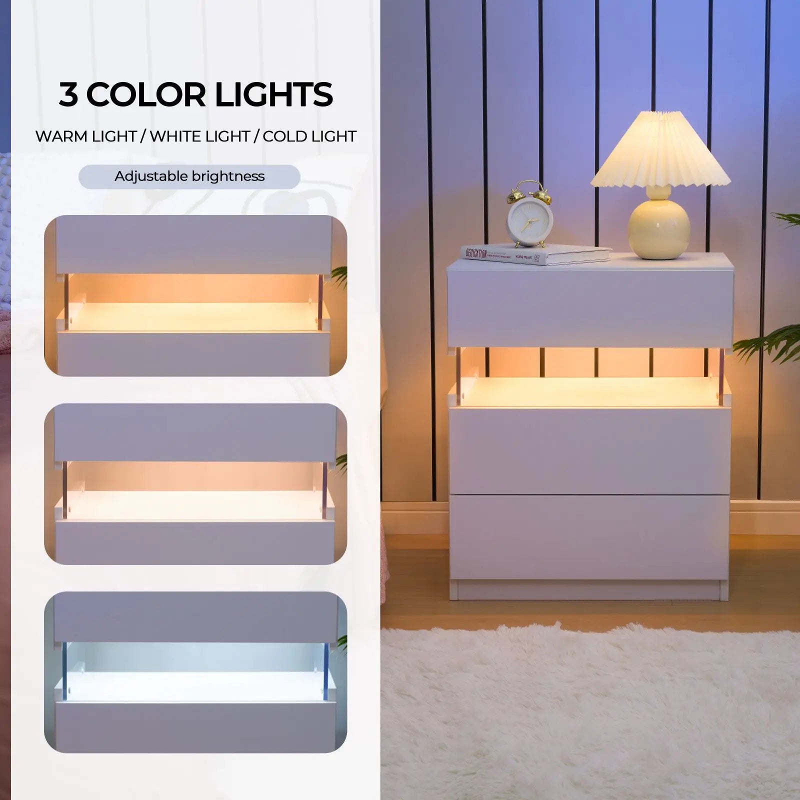 Bedside 2-Table Set with LED Lighting and 3 drawers