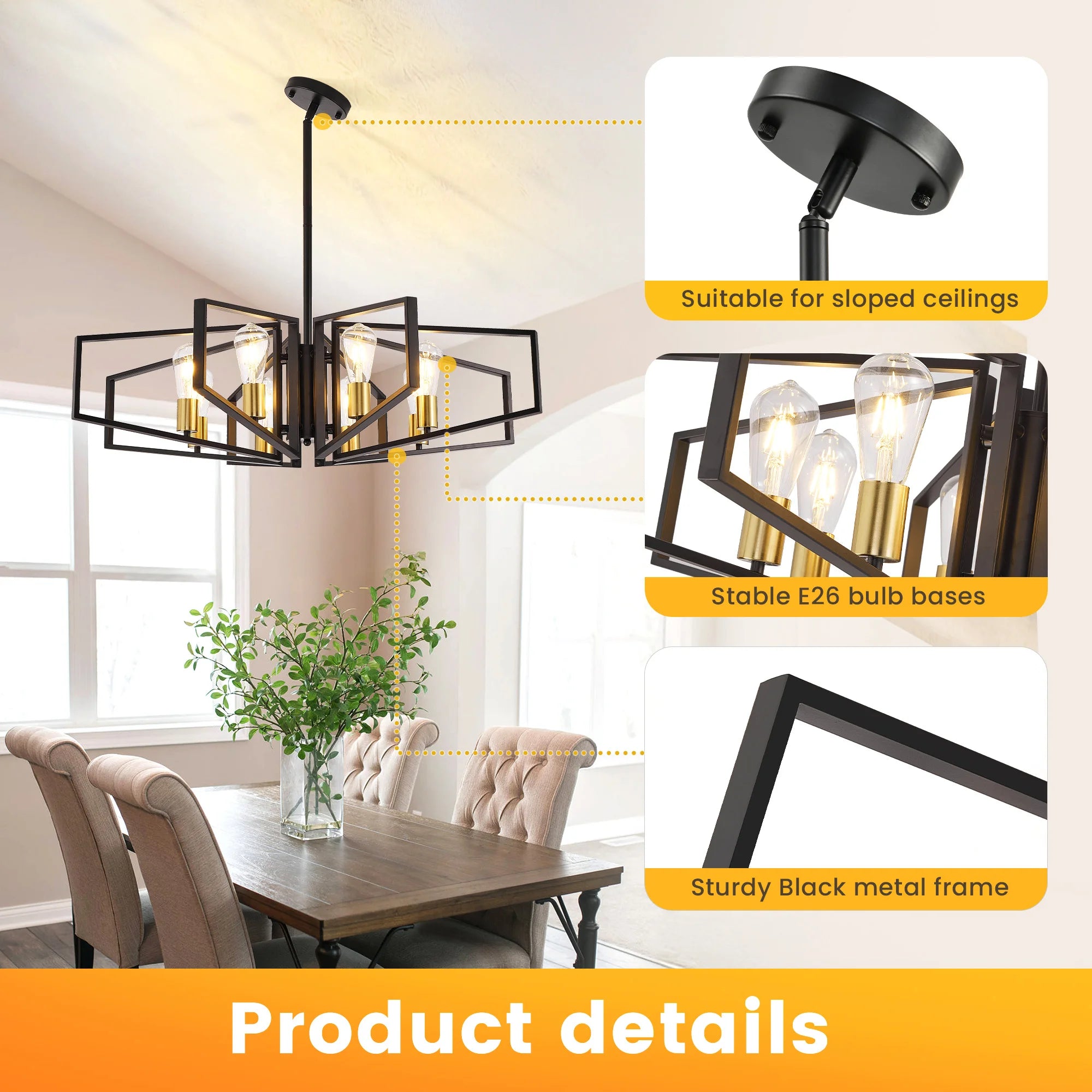 8-Light Geometric Chandelier Adjustable Height Metal Pendant
