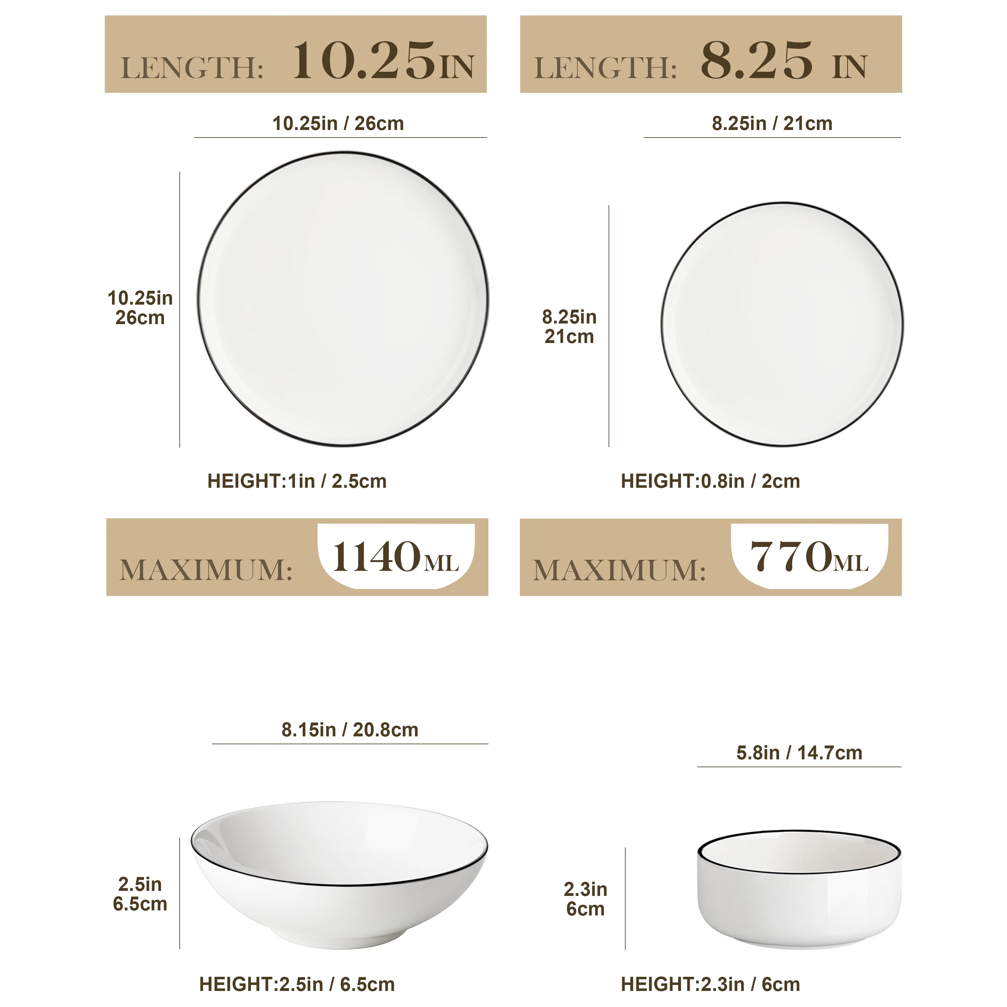 24/48Pc. Ceramic Black Rim Porcelain dinnerware
