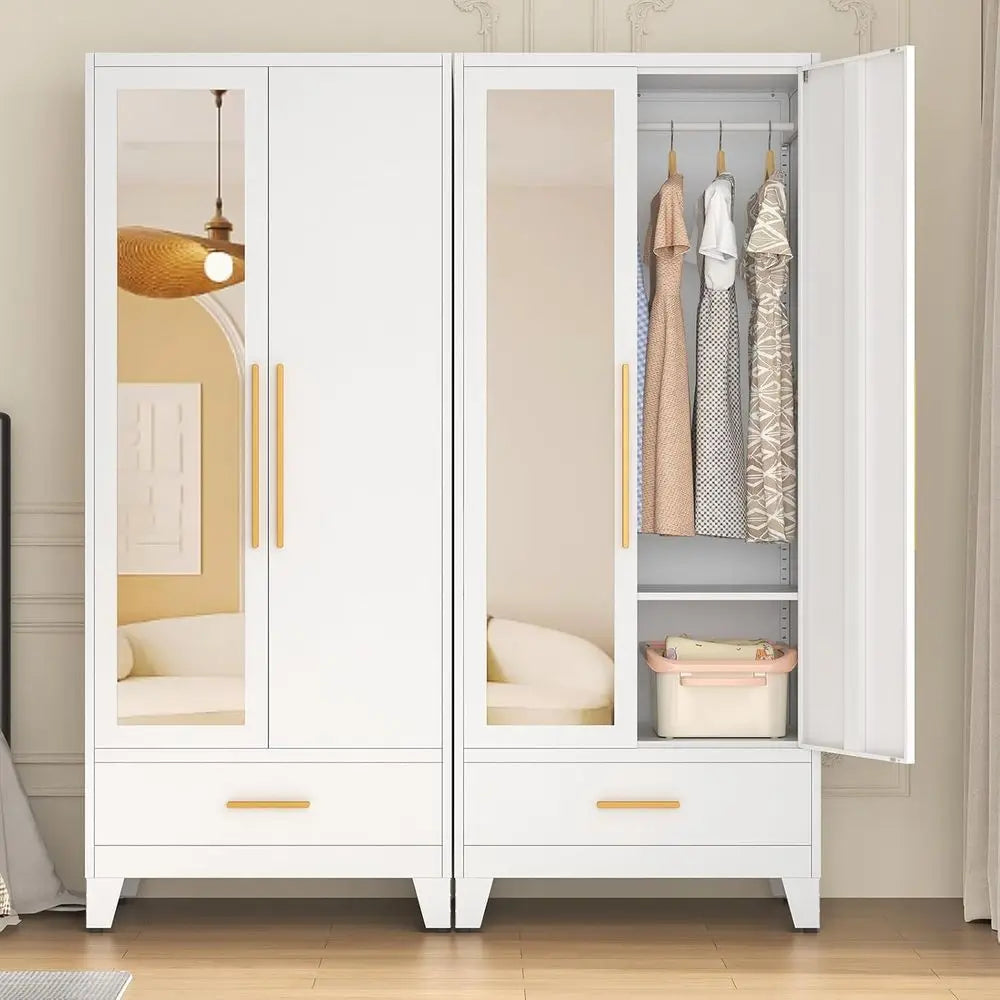 72 Inch Tall Metal Wardrobe with Hanging Rod, Adjustable Shelf, Drawer, and Mirror - Large Storage Cabinet for Bedroom, Office,