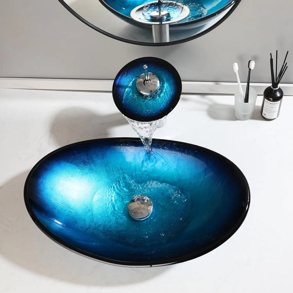Oval Blue Bathroom Vessel Sink With Faucet