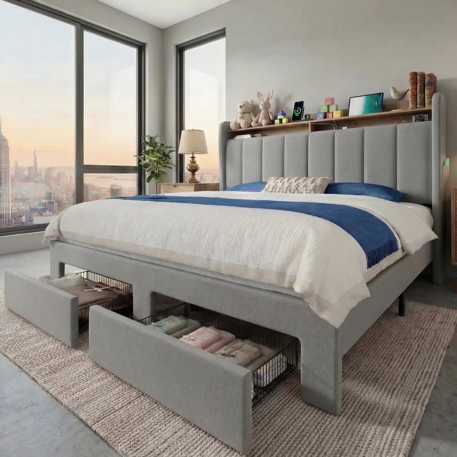 Bed Frame, 2 Drawers, 2 Shelves, LED Lights, Charging Station