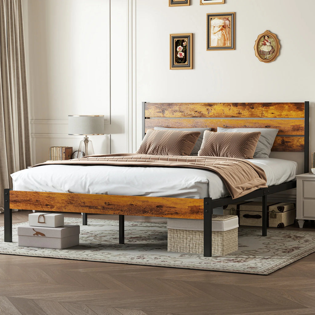 Wooden Headboard, Metal Platform Bed Frame