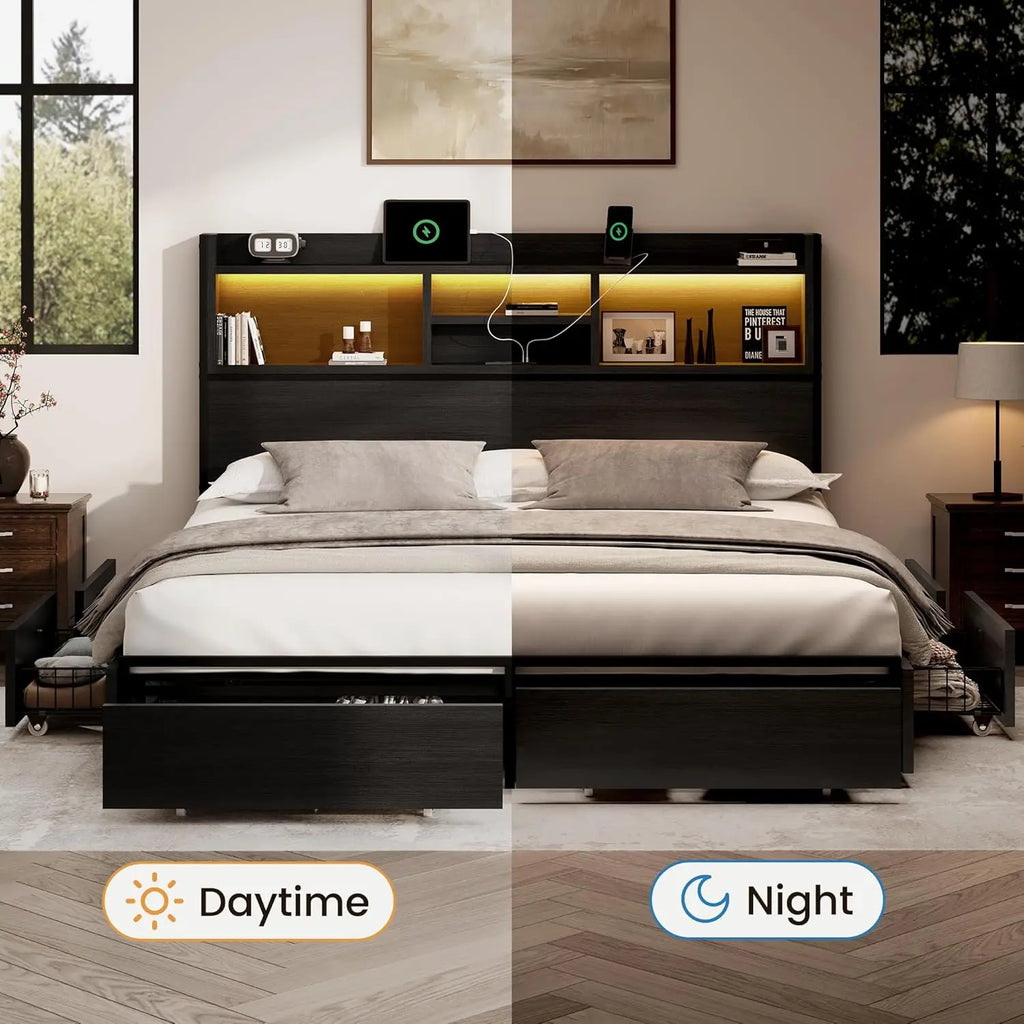 King Storage Bed Frame with 6 Drawers, USB station