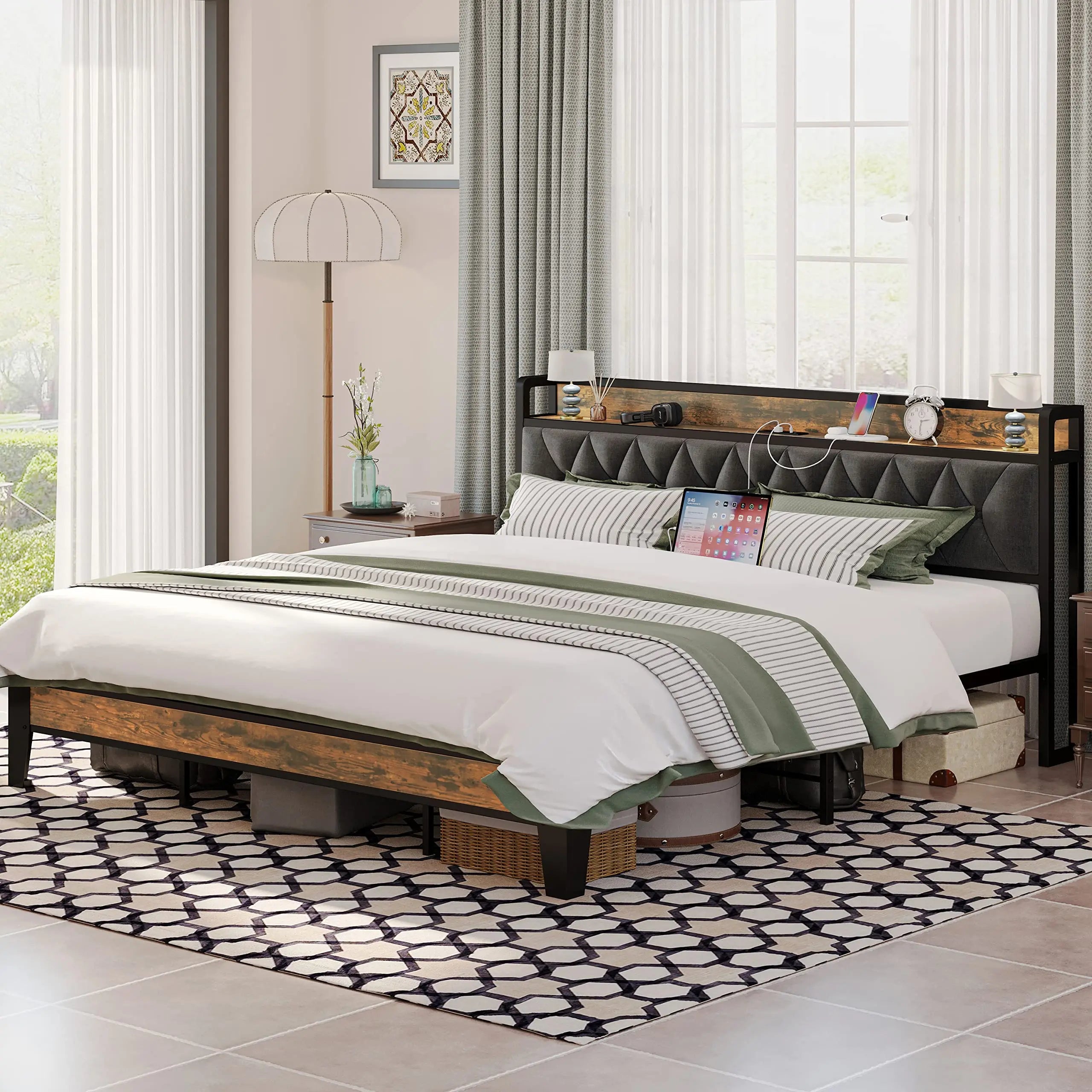 Bed Frames, Storage Headboard with Outlets Twin/TwinXL/Full/Queen/King