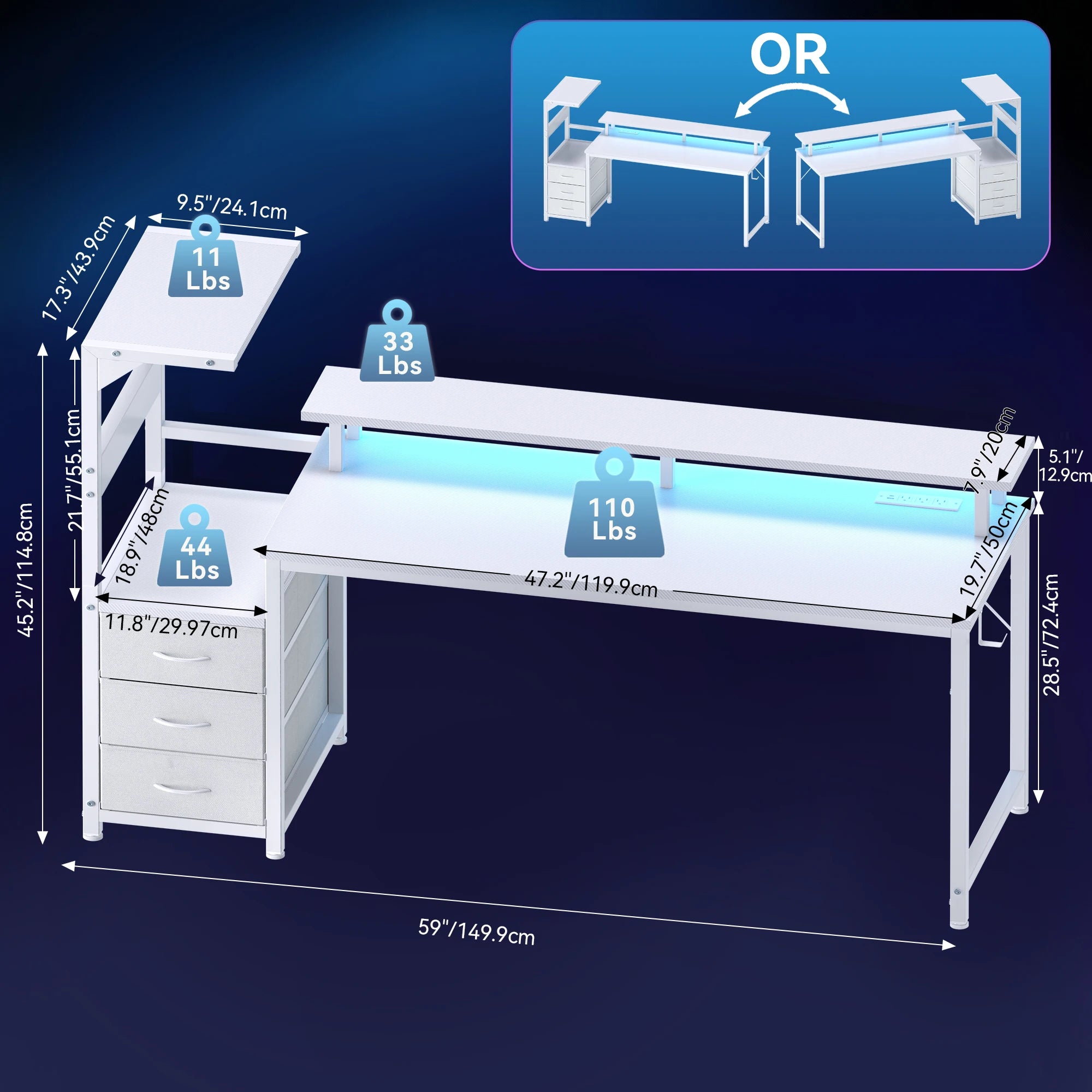 3-Drawer Gaming, Computer Desk LED Lights, Power Outlets