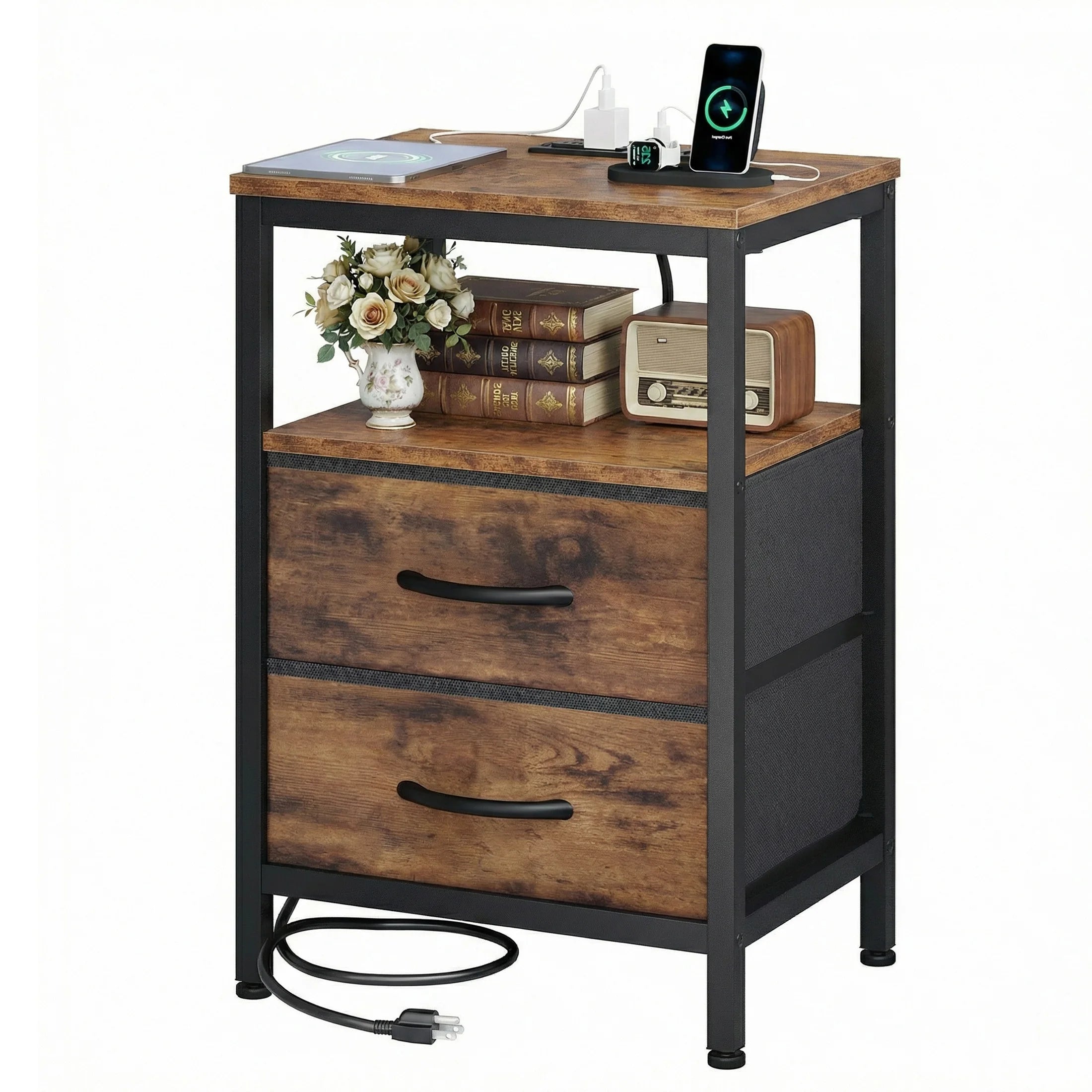 2 Drawer Night Stand, Shelf, USB, Charging Station