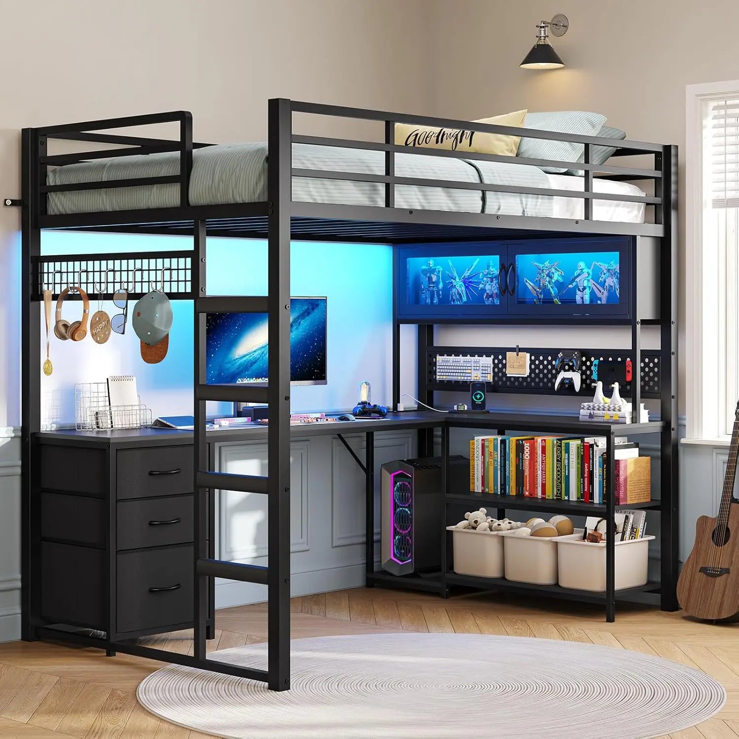 Twin Loft Bed desk Storage Hutch with Power Outlet