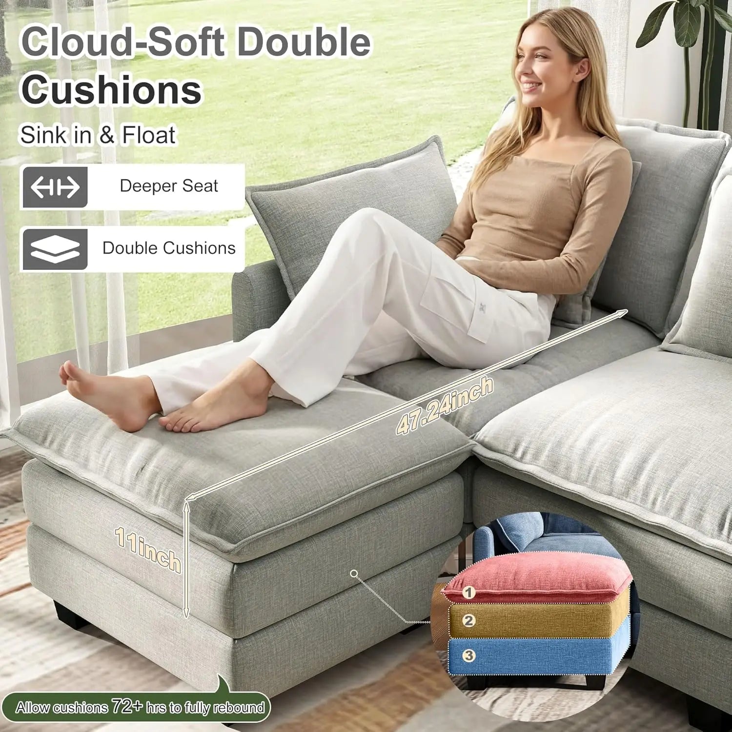 Modular Sectional Sofa Deep Seat, 2 Ottomans