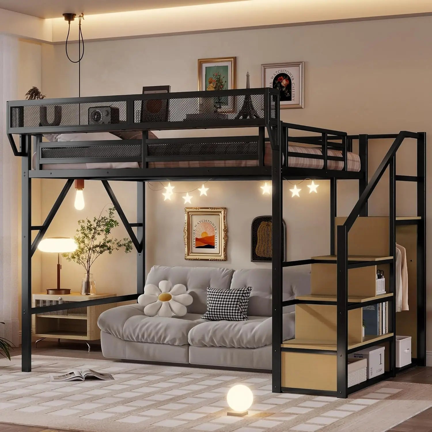 Queen Size Loft Bed Frame with Stairs