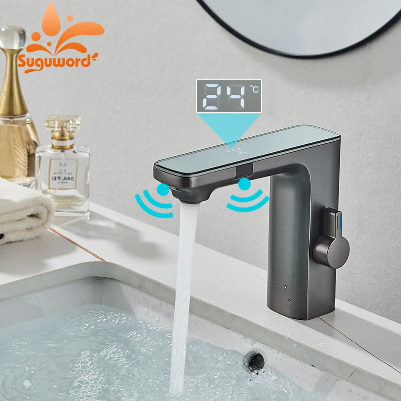 Luxury Silver Gray Smart LCD Bathroom Basin Faucet