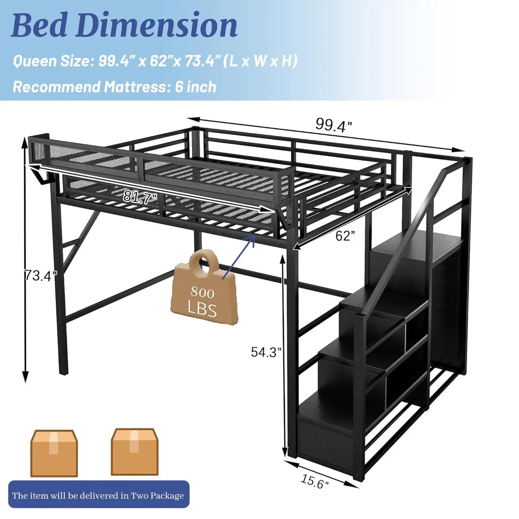 Queen Size Loft Bed with Stairs & Storage